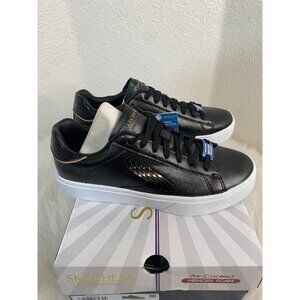 Skechers Women's Classic Court Black Gold Duraleather Memory Foam Comfort Modern